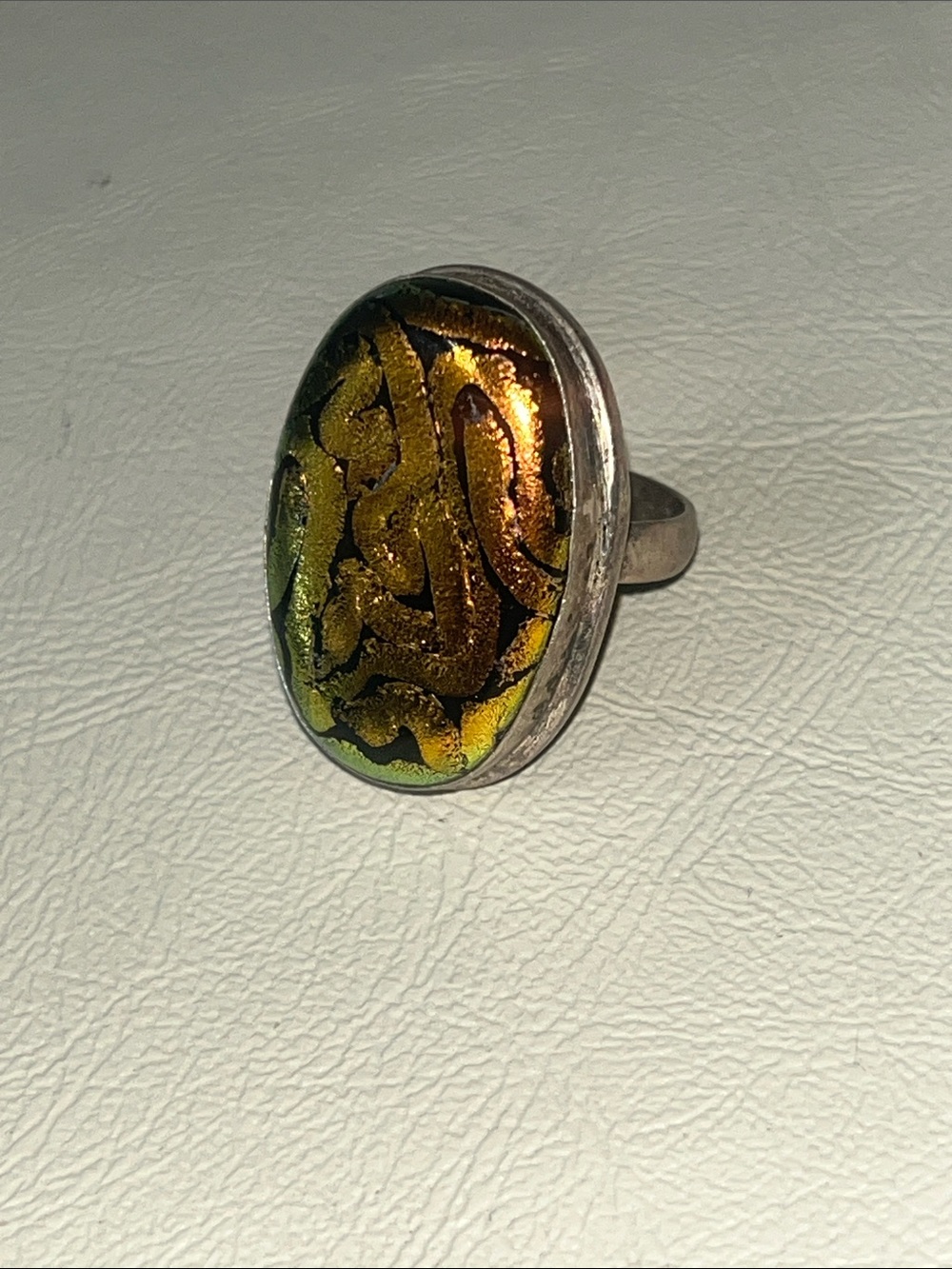 925 Sterling Iridescent Green and Gold-tone Oval Statement Ring